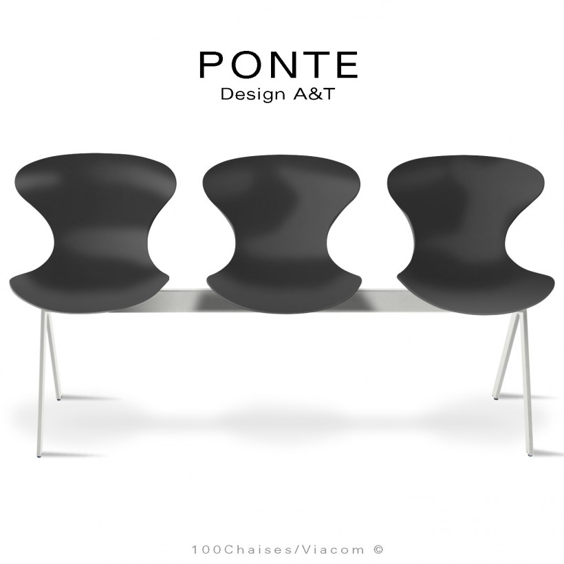 Assise sur poutre ou banc pour salle d'attente, collection PONTE, piétement peint blanc, assise coque couleur noire.