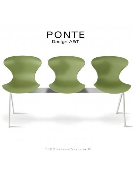 Assise sur poutre ou banc pour salle d'attente, collection PONTE, piétement peint blanc, assise coque couleur vert-olive.