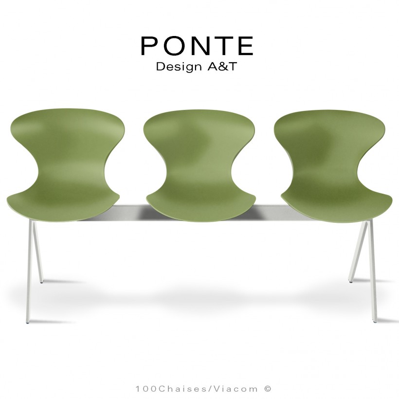 Assise sur poutre ou banc pour salle d'attente, collection PONTE, piétement peint blanc, assise coque couleur vert-olive.