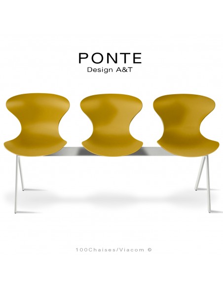 Assise sur poutre ou banc pour salle d'attente, collection PONTE, piétement peint blanc, assise coque couleur orange-jaune.