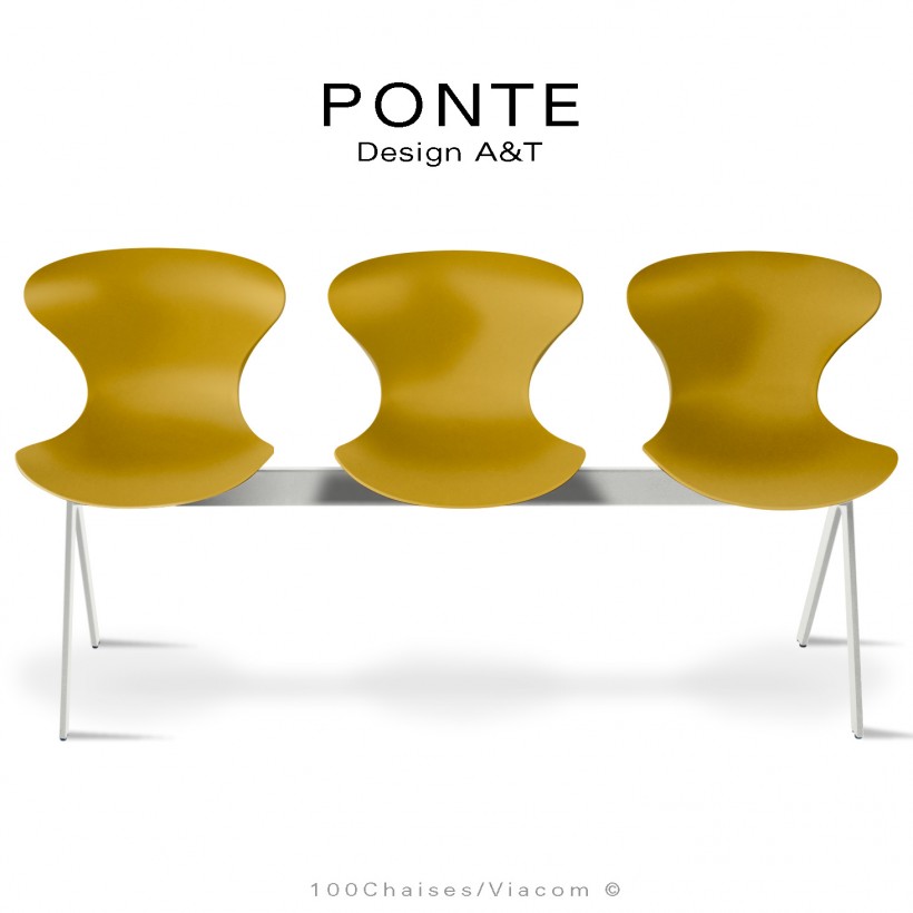 Assise sur poutre ou banc pour salle d'attente, collection PONTE, piétement peint blanc, assise coque couleur orange-jaune.