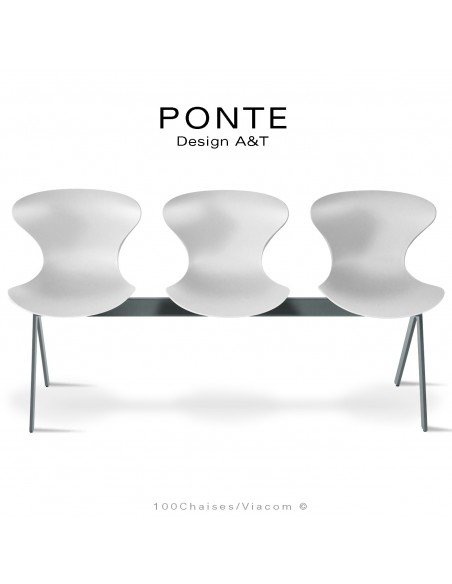 Assise sur poutre ou banc pour salle d'attente, collection PONTE, piétement peint gris basalte, assise coque couleur blanche.