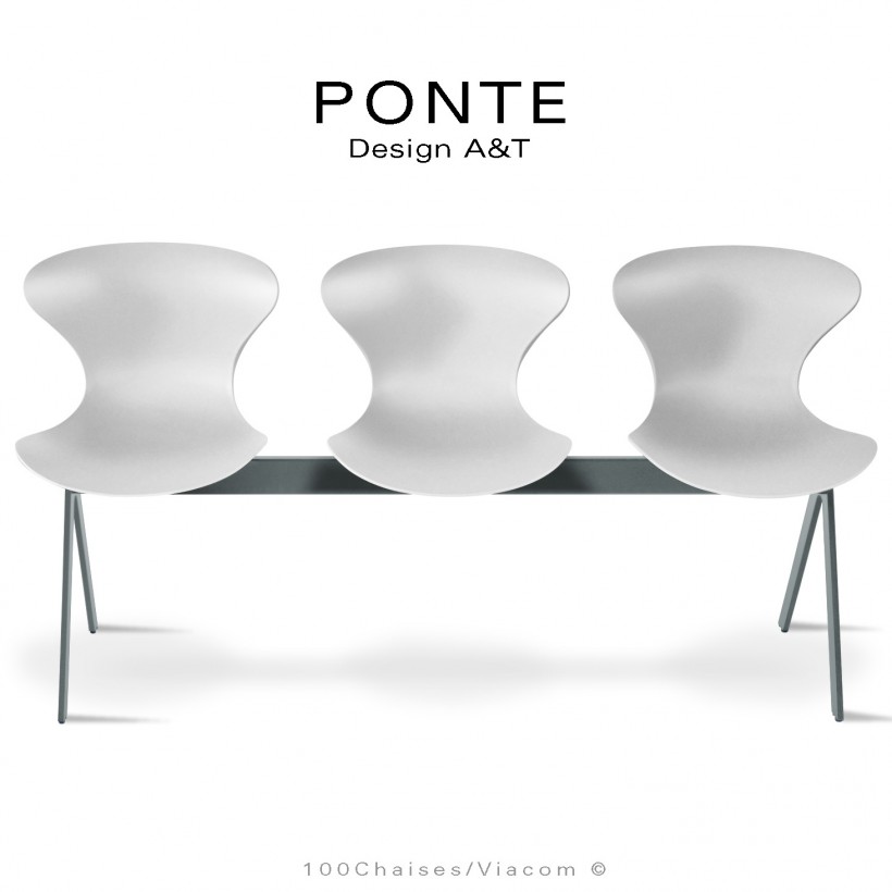 Assise sur poutre ou banc pour salle d'attente, collection PONTE, piétement peint gris basalte, assise coque couleur blanche.