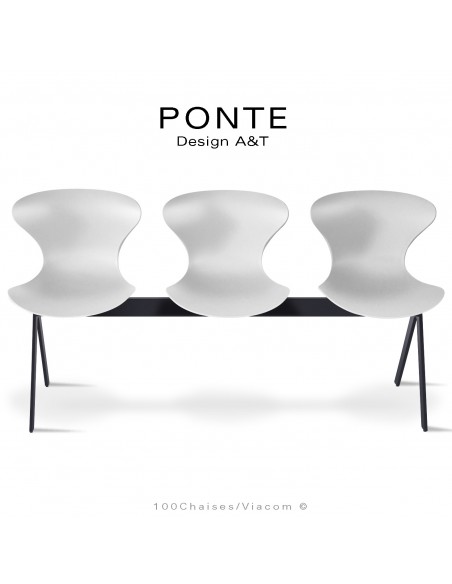 Assise sur poutre ou banc pour salle d'attente, collection PONTE, piétement peint noir, assise coque couleur blanche.