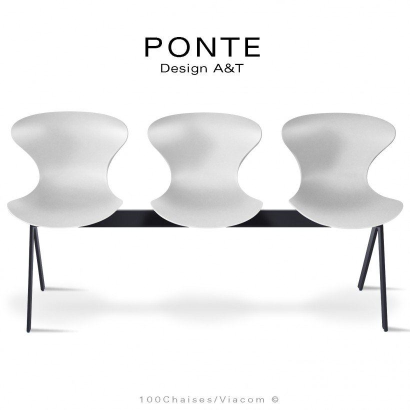 Assise sur poutre ou banc pour salle d'attente, collection PONTE, piétement peint noir, assise coque couleur blanche.