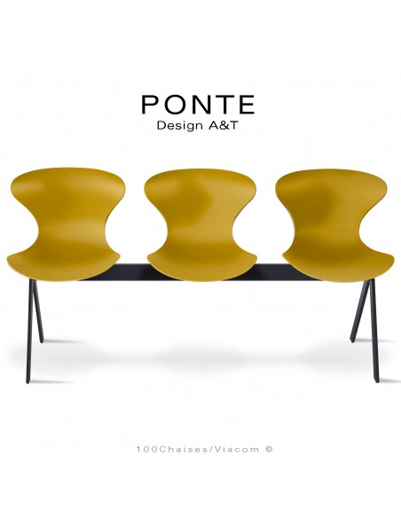 Assise sur poutre ou banc pour salle d'attente, collection PONTE, piétement peint noir, assise coque couleur orange-jaune.