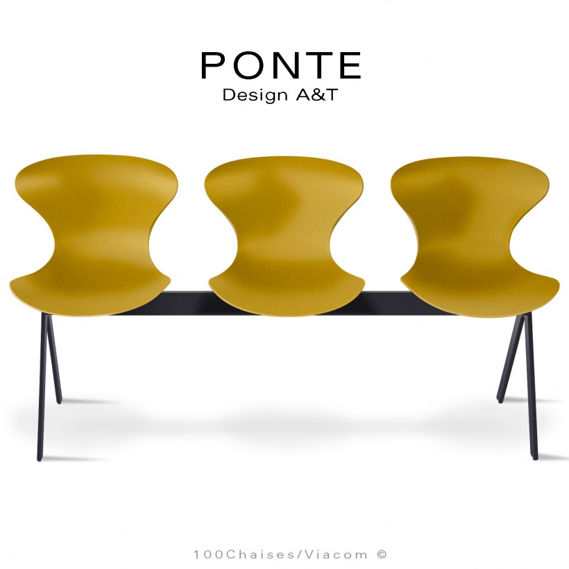 Assise sur poutre ou banc pour salle d'attente, collection PONTE, piétement peint noir, assise coque couleur orange-jaune.