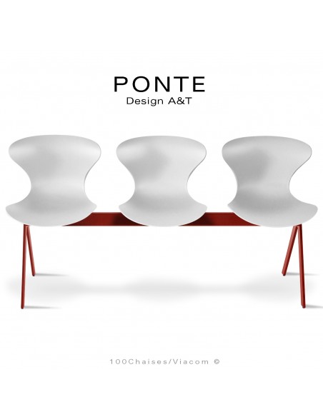 Assise sur poutre ou banc pour salle d'attente, collection PONTE, piétement peint rouge, assise coque couleur blanche.