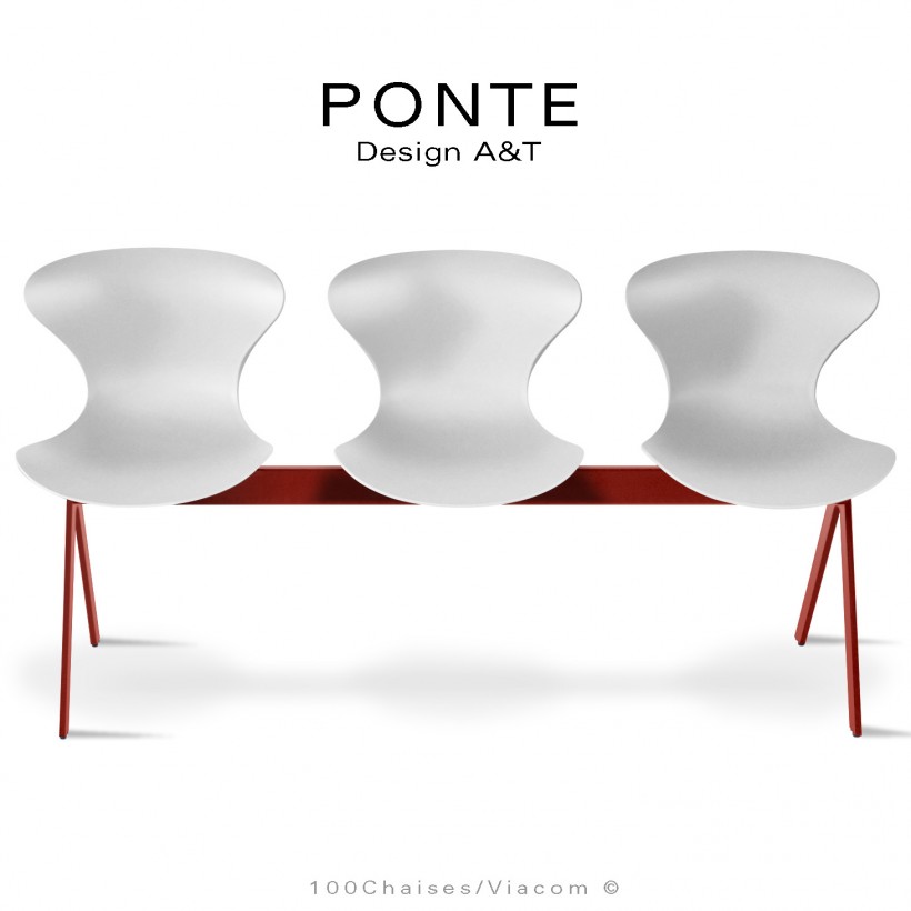 Assise sur poutre ou banc pour salle d'attente, collection PONTE, piétement peint rouge, assise coque couleur blanche.