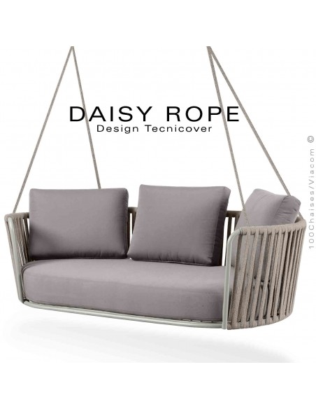 Balancelle deux places, suspendue DAISY-ROPE, structure acier peint blanc, tressage cordage fango, assise tissu écru.