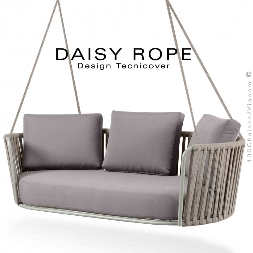 Balancelle deux places, suspendue DAISY-ROPE, structure acier peint blanc, tressage cordage fango, assise tissu écru.