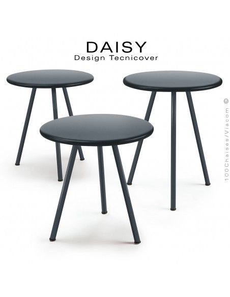 Kit de trois tables basses d'appoints pour extérieur DAISY, structure acier galvanisé, trois hauteur, peinture anthracite.