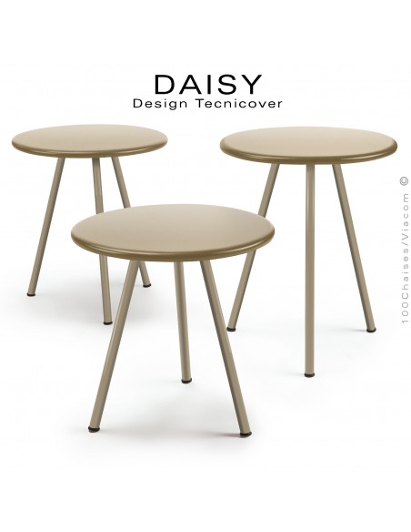 Kit de trois tables basses d'appoints pour extérieur DAISY, structure acier galvanisé, trois hauteur, peinture beige.