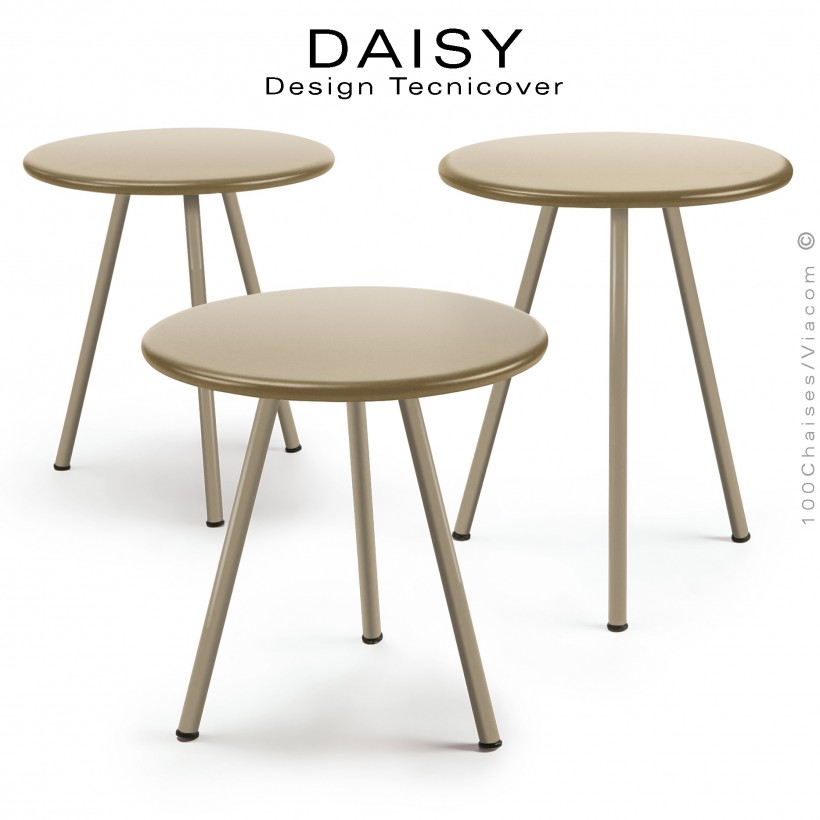 Kit de trois tables basses d'appoints pour extérieur DAISY, structure acier galvanisé, trois hauteur, peinture beige.