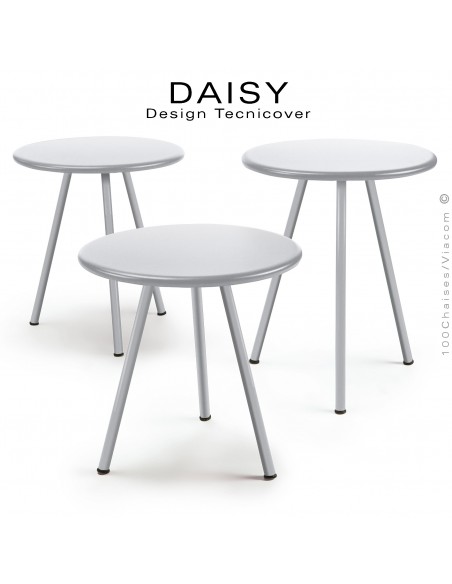 Kit de trois tables basses d'appoints pour extérieur DAISY, structure acier galvanisé, trois hauteur, peinture blanc graphite.