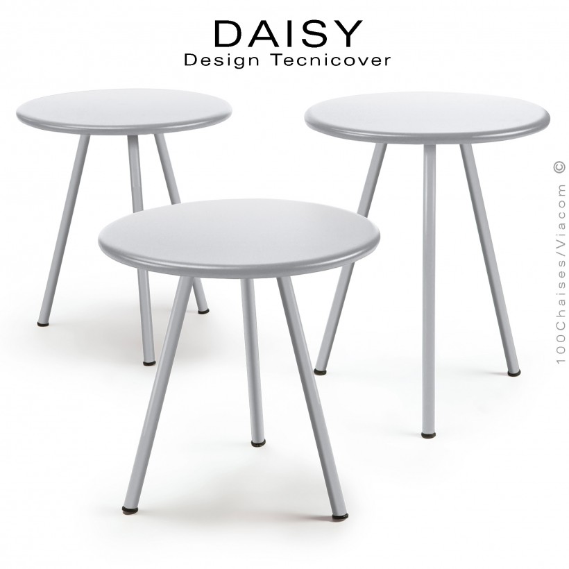 Kit de trois tables basses d'appoints pour extérieur DAISY, structure acier galvanisé, trois hauteur, peinture blanc graphite.