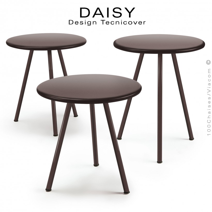 Kit de trois tables basses d'appoints pour extérieur DAISY, structure acier galvanisé, trois hauteur, peinture bronze.