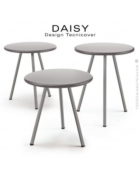 Kit de trois tables basses d'appoints pour extérieur DAISY, en acier galvanisé, trois hauteur, peinture gris Tourterelle.