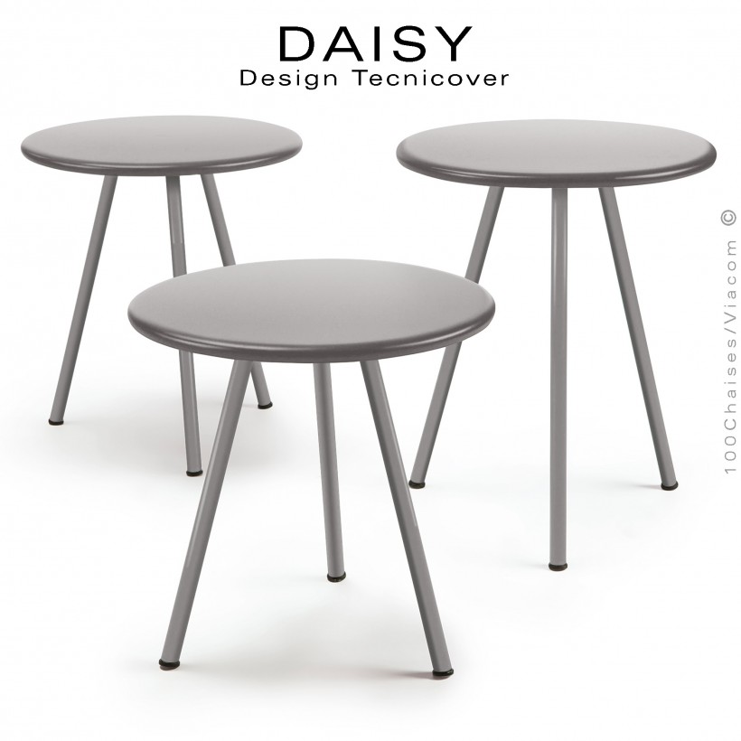 Kit de trois tables basses d'appoints pour extérieur DAISY, en acier galvanisé, trois hauteur, peinture gris Tourterelle.