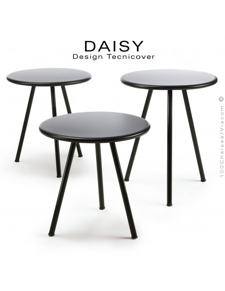 Kit de trois tables basses d'appoints pour extérieur DAISY, structure acier galvanisé, trois hauteur, peinture noire.