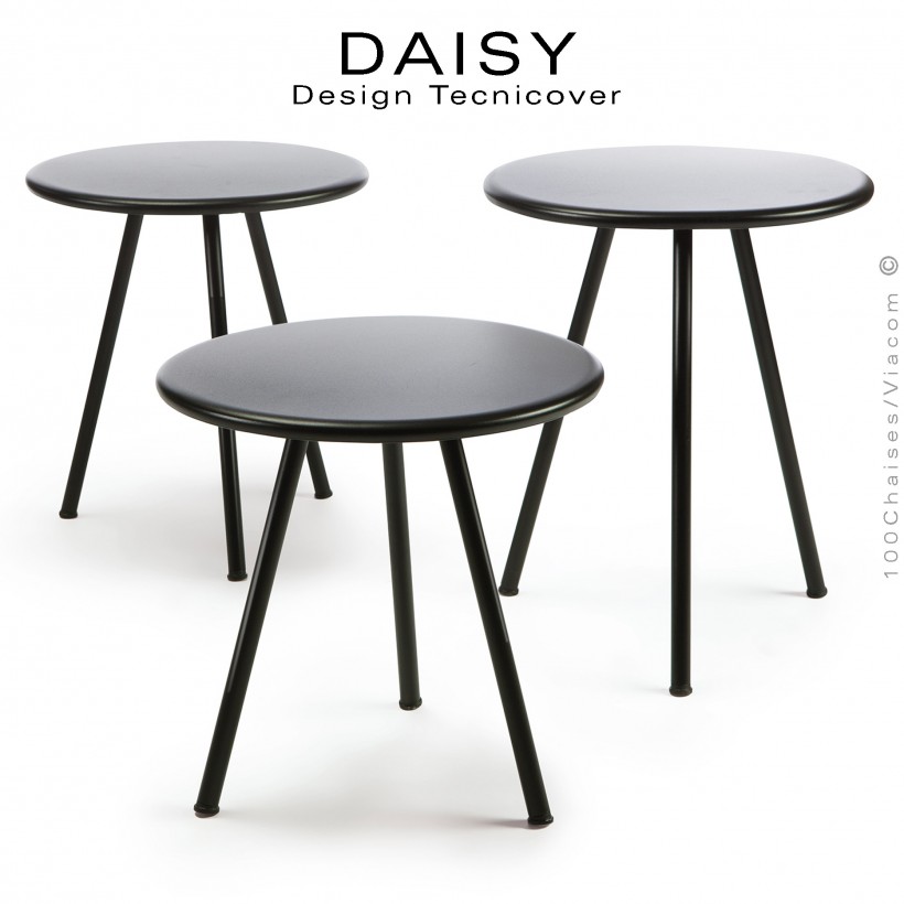 Kit de trois tables basses d'appoints pour extérieur DAISY, structure acier galvanisé, trois hauteur, peinture noire.