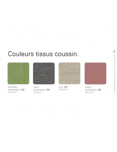 Palette couleur coussin pour fauteuil lounge DOGA, mobilier d'extérieur confort et empilable.