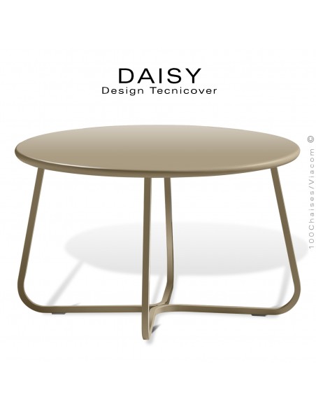 Petite table basse ronde d'appoint design DAISY, pour extérieur, structure acier peint beige, plateau rond Ø65 cm.