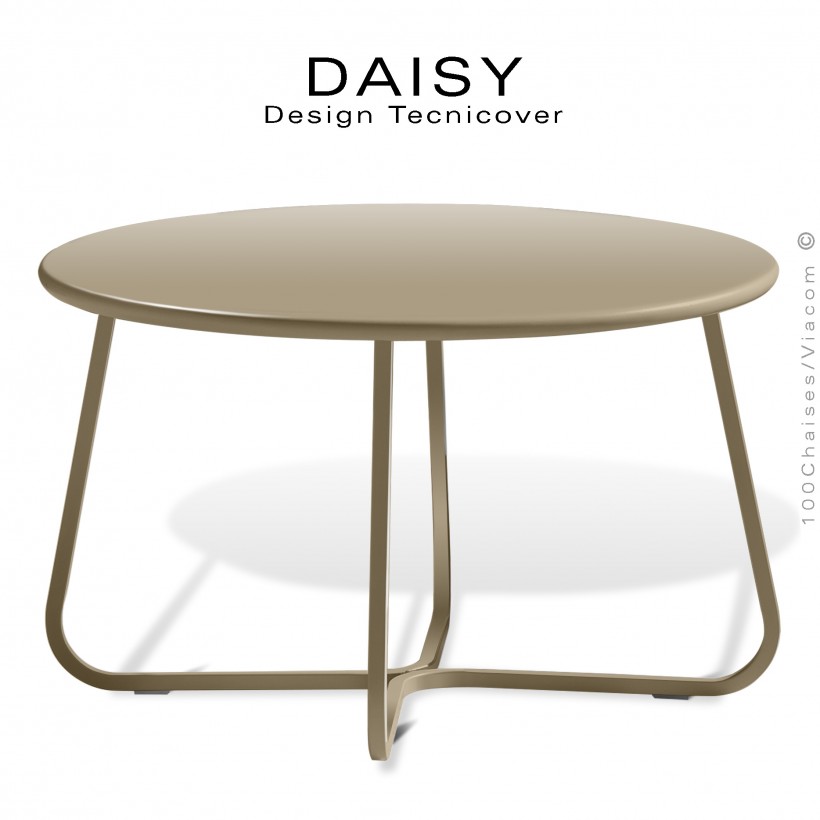 Petite table basse ronde d'appoint design DAISY, pour extérieur, structure acier peint beige, plateau rond Ø65 cm.