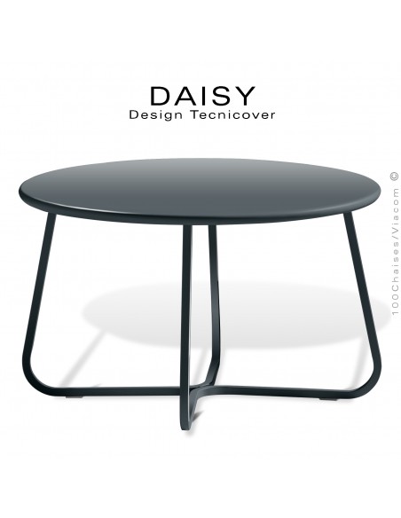 Petite table basse ronde d'appoint design DAISY, pour extérieur, structure acier peint anthracite, plateau rond Ø65 cm.