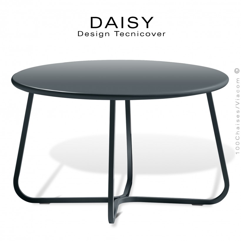 Petite table basse ronde d'appoint design DAISY, pour extérieur, structure acier peint anthracite, plateau rond Ø65 cm.