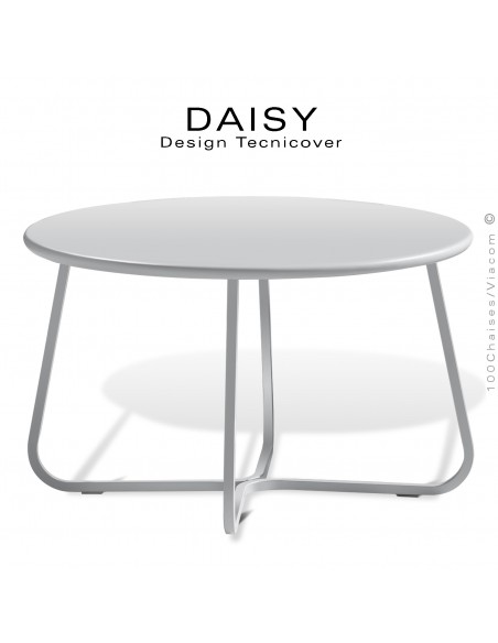 Petite table basse ronde d'appoint design DAISY, pour extérieur, structure acier peint blanc, plateau rond Ø65 cm.