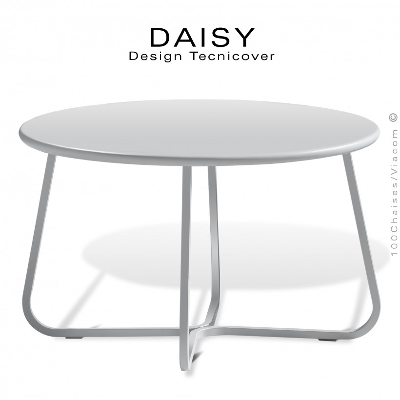 Petite table basse ronde d'appoint design DAISY, pour extérieur, structure acier peint blanc, plateau rond Ø65 cm.