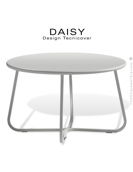 Petite table basse ronde d'appoint design DAISY, pour extérieur, structure acier peint blanc pure, plateau rond Ø65 cm.