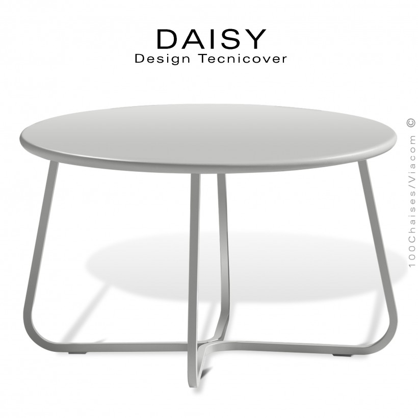 Petite table basse ronde d'appoint design DAISY, pour extérieur, structure acier peint blanc pure, plateau rond Ø65 cm.