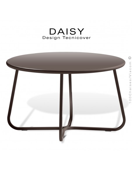 Petite table basse ronde d'appoint design DAISY, pour extérieur, structure acier peint bronze, plateau rond Ø65 cm.