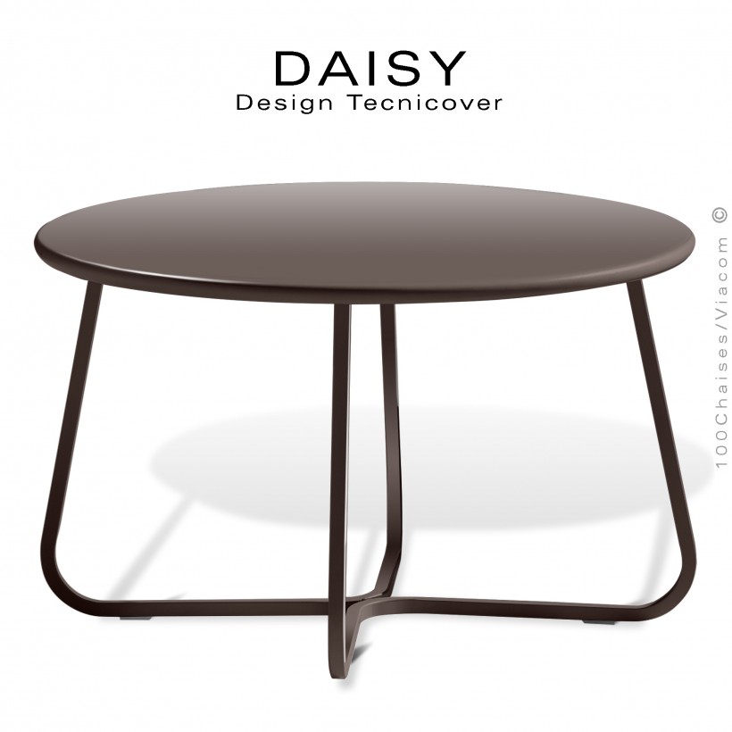 Petite table basse ronde d'appoint design DAISY, pour extérieur, structure acier peint bronze, plateau rond Ø65 cm.