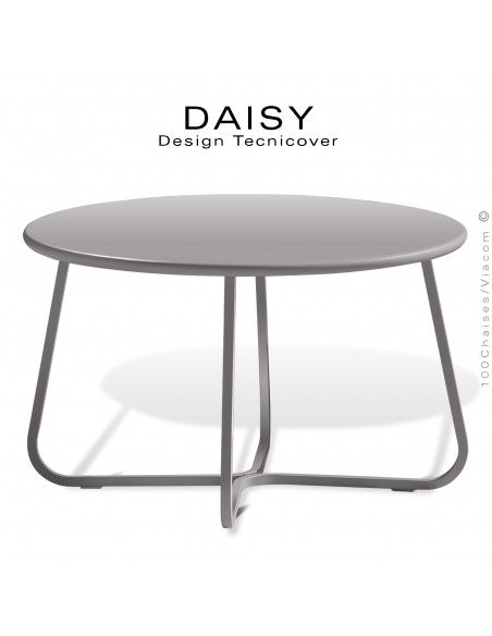 Petite table basse ronde d'appoint design DAISY, pour extérieur, structure acier peint gris Tourterelle, plateau rond Ø65 cm.