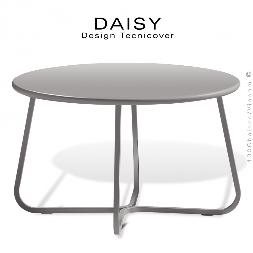 Petite table basse ronde d'appoint design DAISY, pour extérieur, structure acier peint gris Tourterelle, plateau rond Ø65 cm.