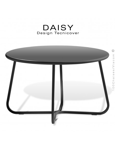 Petite table basse ronde d'appoint design DAISY, pour extérieur, structure acier peint noir, plateau rond Ø65 cm.