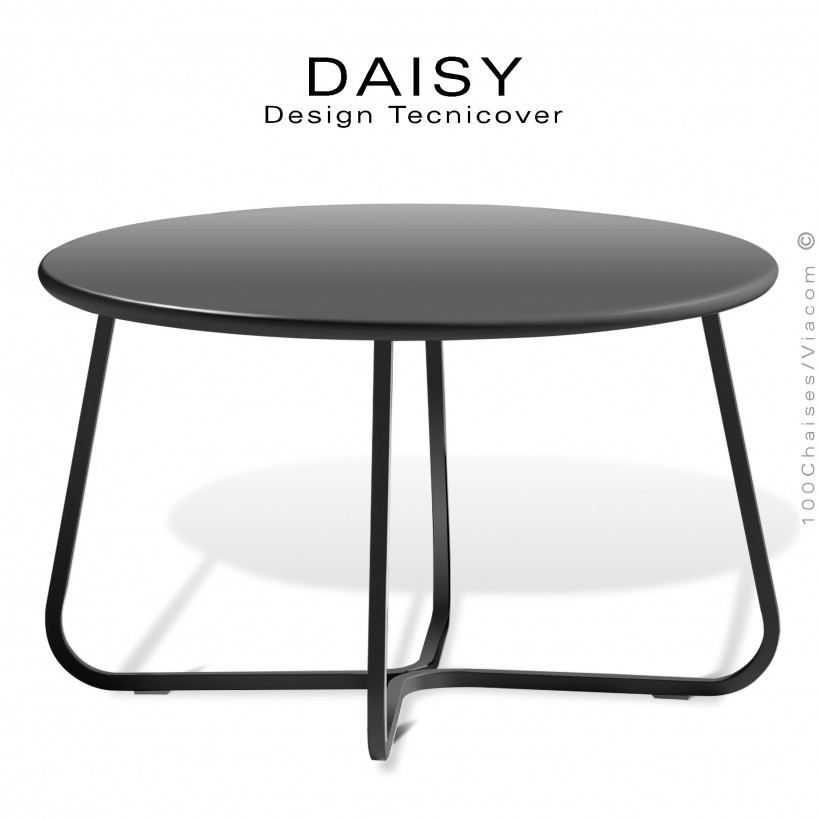 Petite table basse ronde d'appoint design DAISY, pour extérieur, structure acier peint noir, plateau rond Ø65 cm.