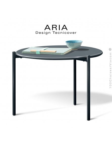 Table basse ronde design ARIA, pour extérieur, structure acier galvanisé finition anthracite, plateau Ø60, hauteur 45 cm.