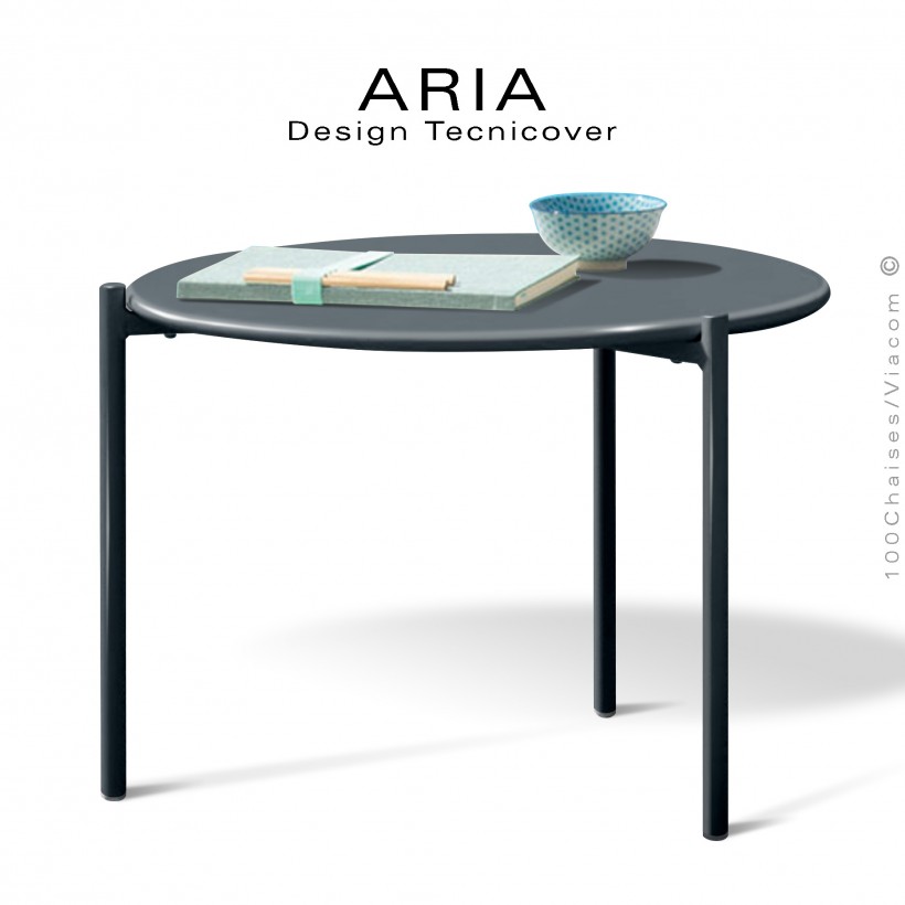 Table basse ronde design ARIA, pour extérieur, structure acier galvanisé finition anthracite, plateau Ø60, hauteur 45 cm.