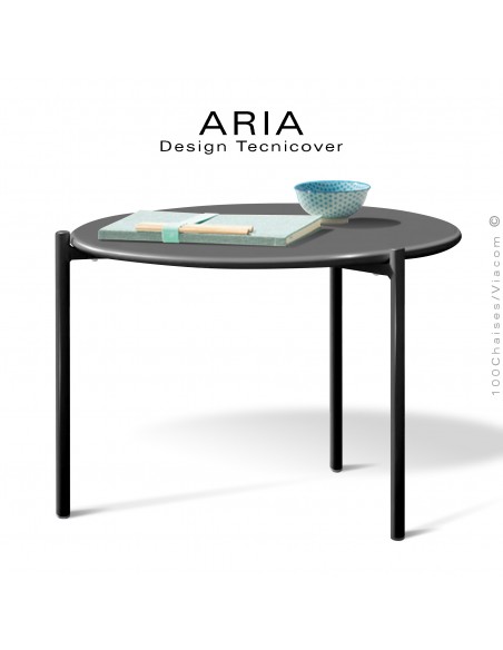 Table basse ronde design ARIA, pour extérieur, structure acier galvanisé finition peint noir, plateau Ø60, hauteur 45 cm.