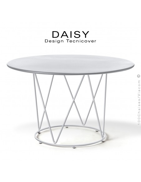 Table ronde repas design DAISY, pour extérieur, structure acier galvanisé finition peint blanc, plateau rond Ø130.