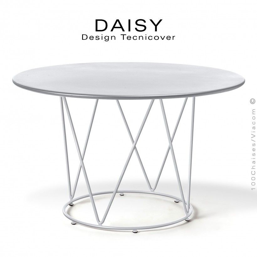 Table ronde repas design DAISY, pour extérieur, structure acier galvanisé finition peint blanc, plateau rond Ø130.