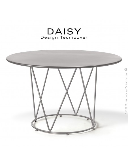 Table ronde repas design DAISY, pour extérieur, structure acier galvanisé finition peint gris Tourterelle, plateau rond Ø130.