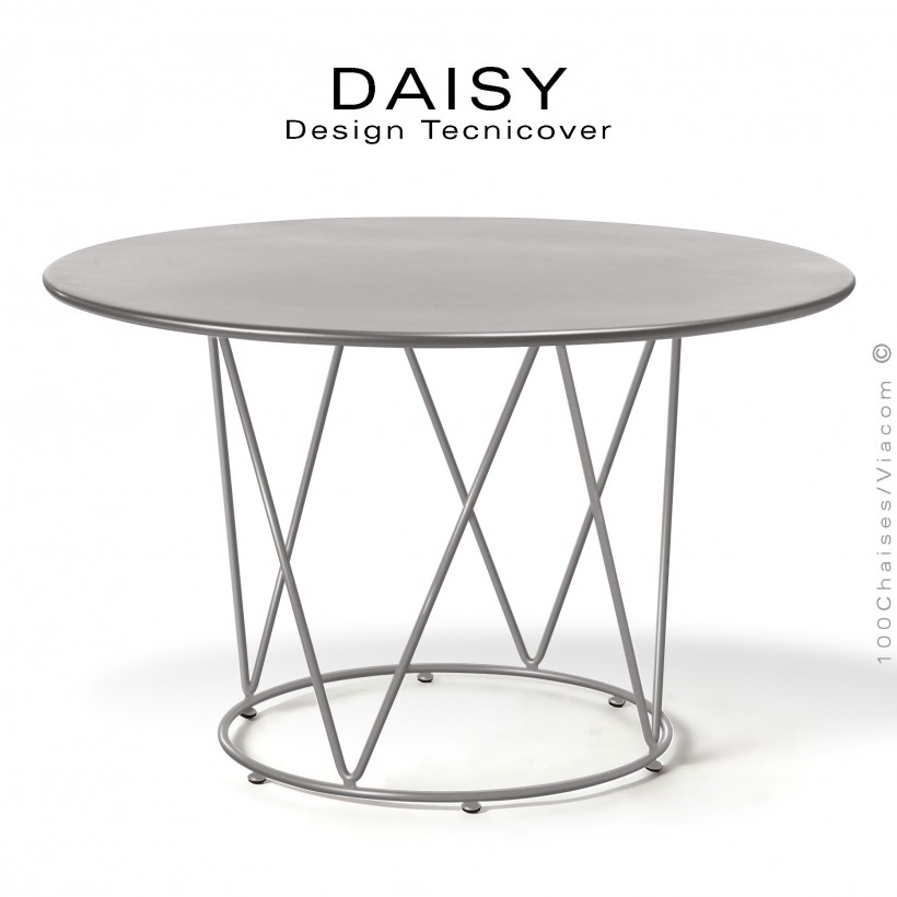 Table ronde repas design DAISY, pour extérieur, structure acier galvanisé finition peint gris Tourterelle, plateau rond Ø130.