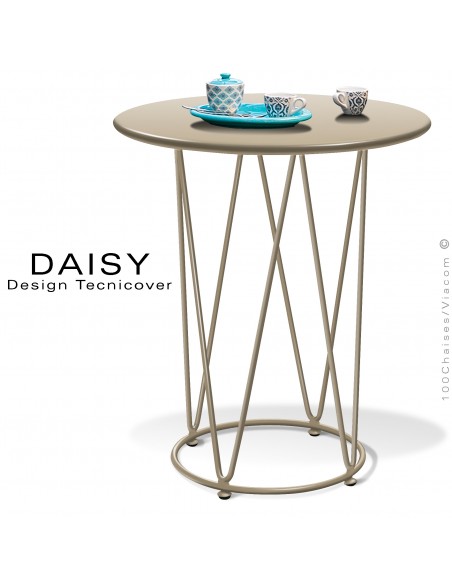 Petite table café ou d'appoint ronde design DAISY, pour extérieur, structure acier peint beige, plateau rond Ø65 cm.