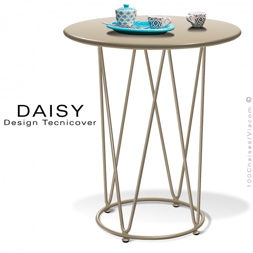 Petite table café ou d'appoint ronde design DAISY, pour extérieur, structure acier peint beige, plateau rond Ø65 cm.