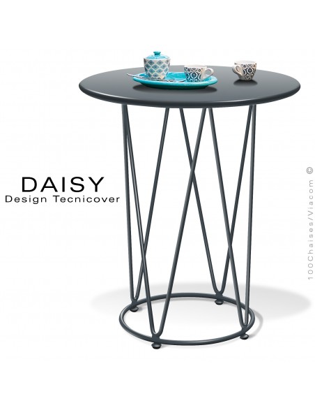 Petite table café ou d'appoint design DAISY, pour extérieur, structure acier peint anthracite, plateau rond Ø65 cm.